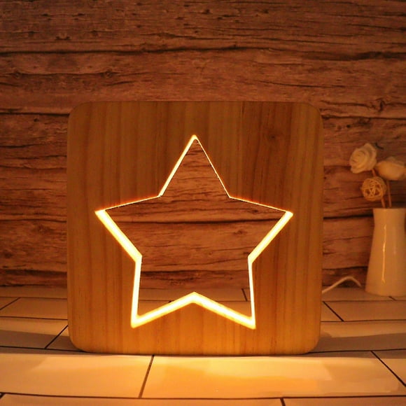 Pentagram Led Night Light Solid Wood Low Energy Used Button Switch