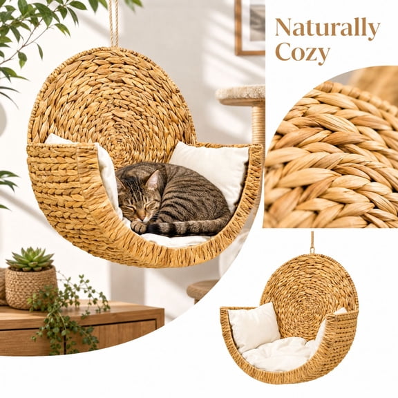 Hanging Woven Cat Bed Handwoven Breathable Wall Mount Cat Perch Easy To Install Hardware Included Cozy Rest Spot with Washable Cushion for Indoor Cats