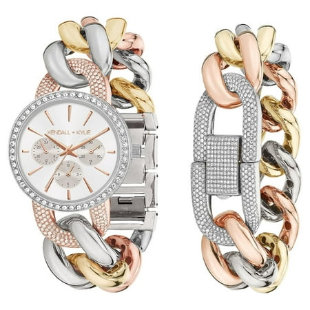 Kendall + Kylie Large Open-Link Tri-Toned Metal Chronograph Analog Watch and Bracelet Set