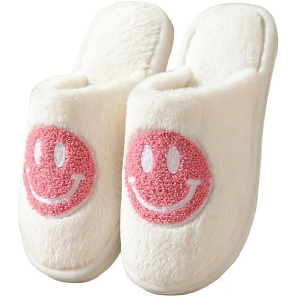 Pantoufles pour Femmes Mignonnes Duveteuses Visage Souriant Pantoufles Coussin de Maison