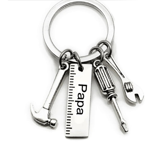 CAROOTU Stainless Steel Keychain with Mini Simulation Wrench Tool Pendant 9*28cm Key Buckle with Letters Gift for Father's Day