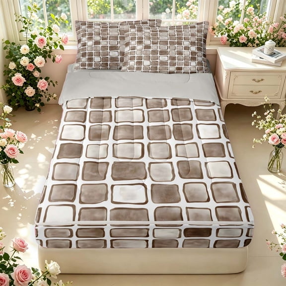 Manfei Modern Checkered Zipper Twin Comforter Sets with Fitted Sheet and 2 Pillowcases,Art Grid Zipper Bedding Set,Brown,Light Gray Reversible,4pcs
