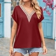 thumbnail image 6 of JWZUY Short Sleeve Shirt for Women Loose Satin Top Guipure Lace V Neck Silk Blouse Wine S, 6 of 7