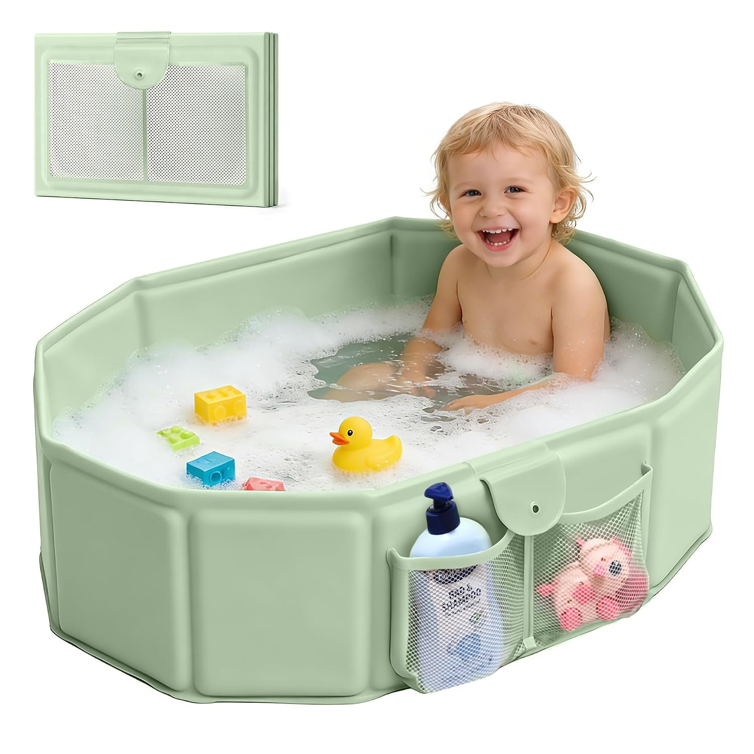 Uncle Wu Foldable Baby Bathtub for Toddlers 12M-5Y, Large Collapsible Bath Tub for Shower Stall, Portable Non-Slip Tub with Mesh Pockets and Fast Drain