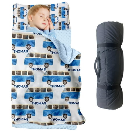 Custom Name Toddler Nap Mat Small Blue Bus Theme Cozy Sleeping Bag Blanket for Kids Ideal for Preschool Daycare Home Travel and Naptime(Cushions + Pillows22.5 x55 +Blanket size: 33.5 x 45 )
