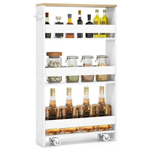 Slim Storage Cart, 4-Tier Rolling Cart with Handle & Wooden Top for Kitchen Bathroom Laundry Living Room Narrow Small Spaces, 5 Inches Width (White & Natural)