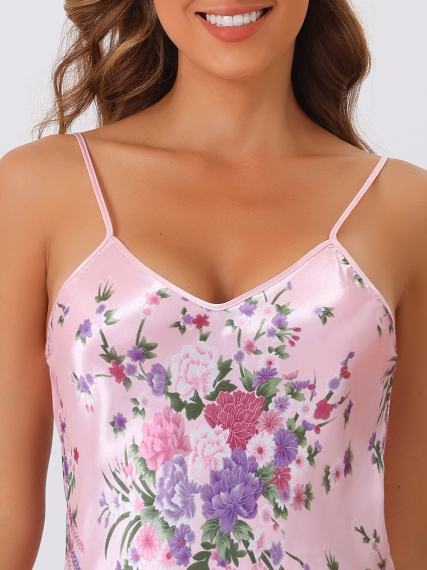 DARING DIVA Women's Satin Slip Silky Mini Floral Nightgowns L Pink
