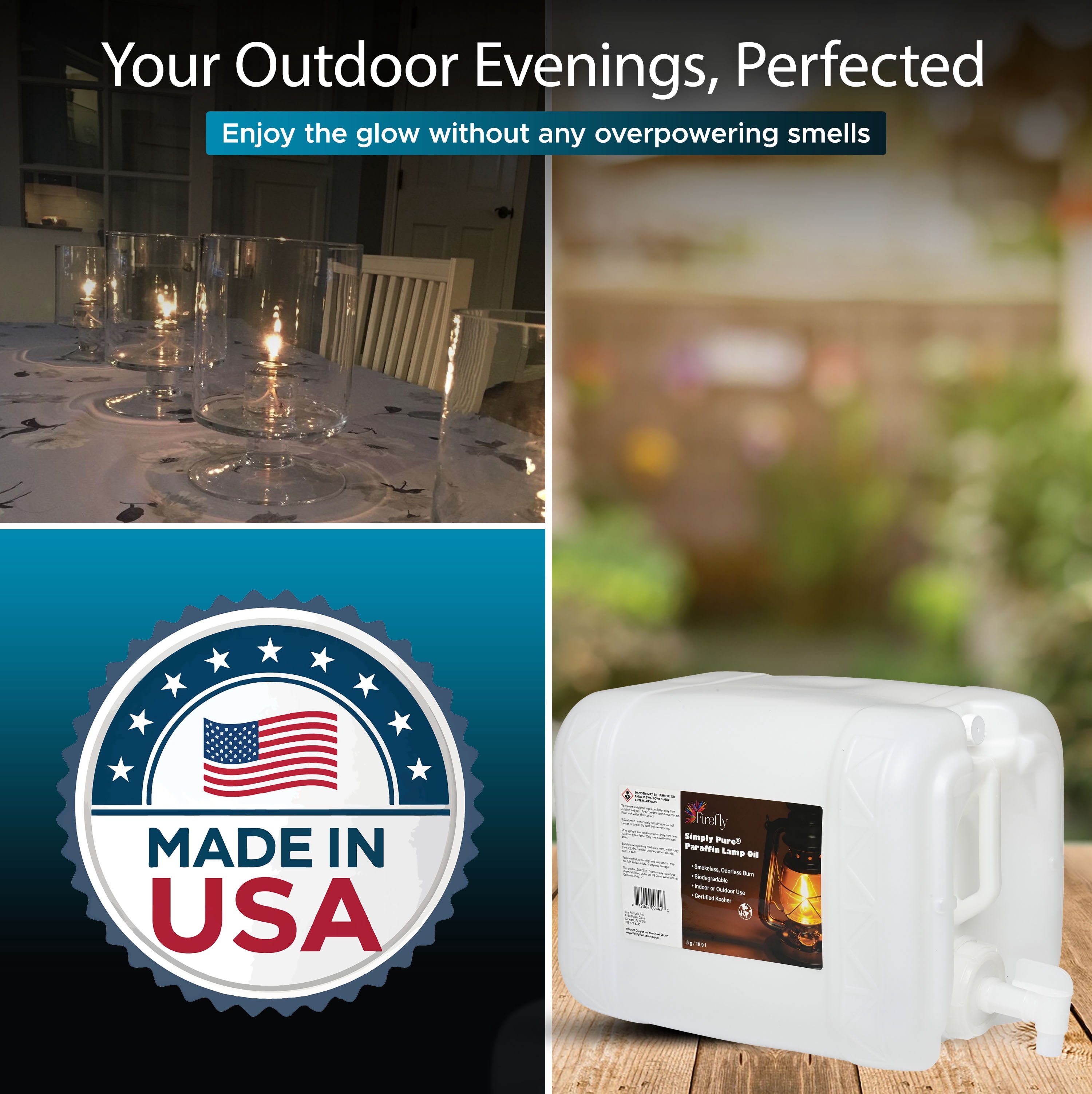 Firefly Bulk Kosher Lamp Oil, Virtually Odorless & Smokeless, Ultra Clean Burning Liquid Paraffin Fuel, 5 Gallons