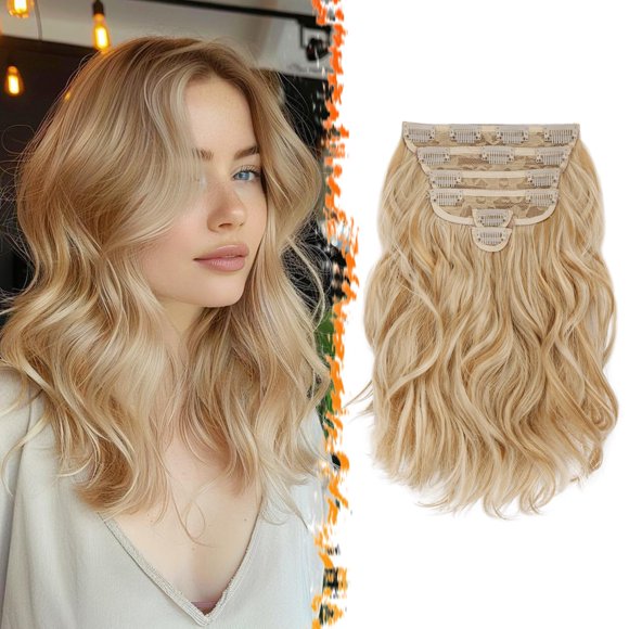 BARSDAR Blonde Clip in Hair Extensions - 12 Inch Short Wavy - 6PCs Full Head Thick Soft Synthetic Clip in Hairpieces Daily Party - Honey Blonde Mix