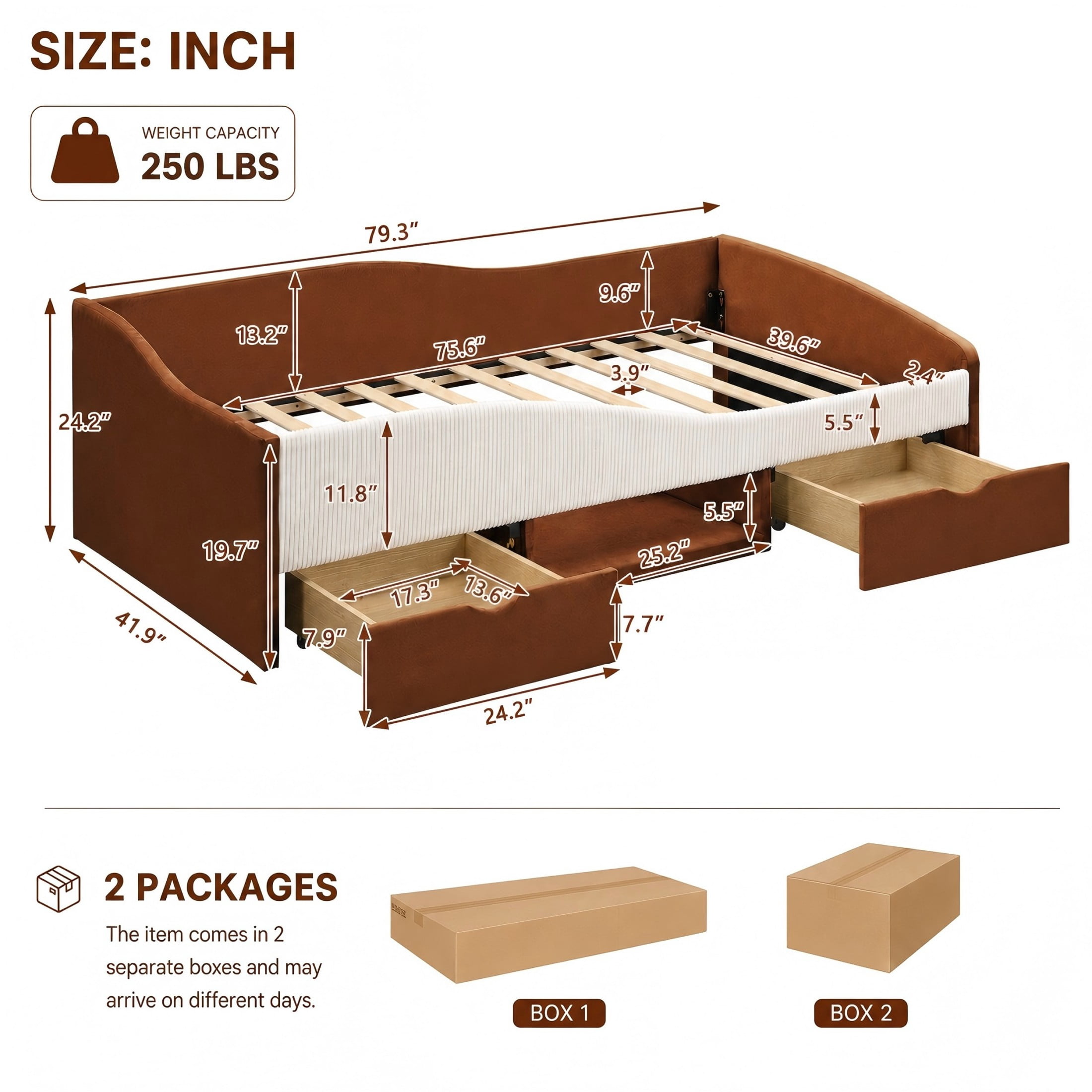 Aukfa Twin Size Upholstered Daybed with 2 Storage Drawers, Shelf and Curved Guardrails, Velvet Bed Frame, Brown