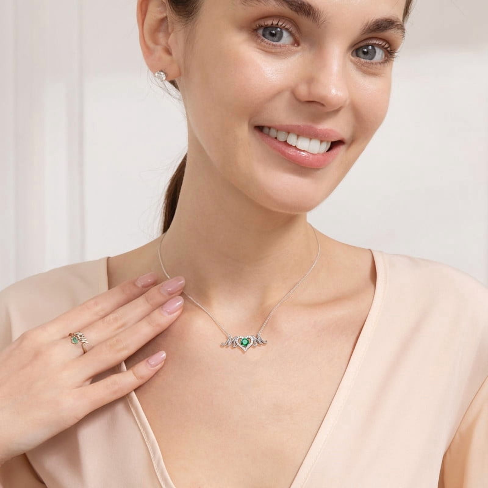 Beautlace Mom Necklace and Ring Set,925 Sterling Silver Love Heart May Emerald Birthstone Pendant Necklace/Adjustable Open Rings Jewelry Set Mother's Day Birthday Gifts for Mom Women Her Gandma