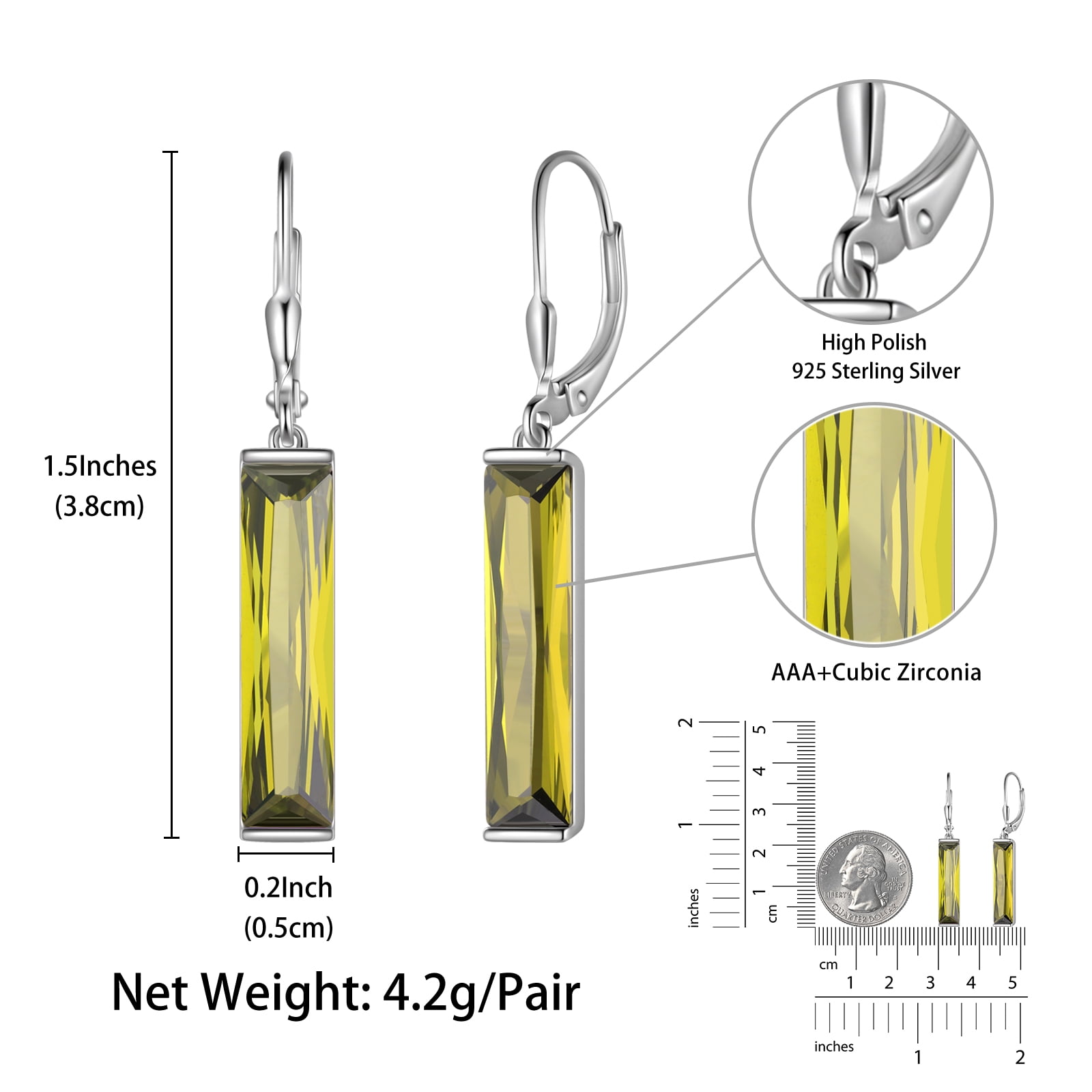 Juwaliy 925 Sterling Silver Women Earrings Dangle Leverback Earrings August Birthstone Peridot CZ Jewelry Birthday Mother's Day Gift
