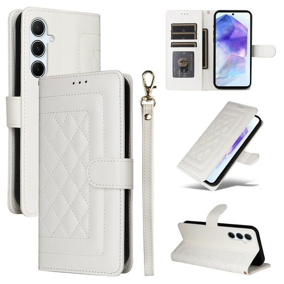 Compatible with Samsung Galaxy S23 FE Case, Premium Leather Wallet Book Case Magnetic Flip RFID Blocking Credit Card Holder Kickstand with Wrist Strap Shock Absorbing Case, White