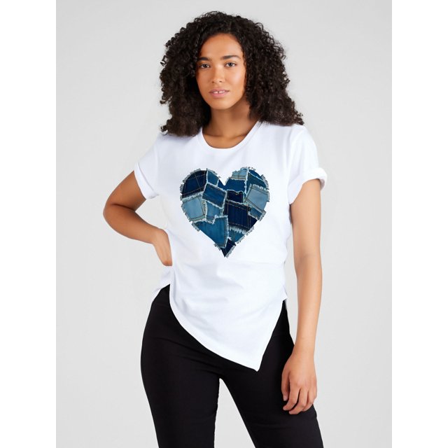 Camiseta deportiva de manga corta para mujer, de mezclilla desgastada con forma de corazón, ideal para el tiempo libre.