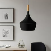1-Light Nordic Matte Black Industrial Hanging Pendant Light, Black and Wood Finish for Kitchen Island Dining Room