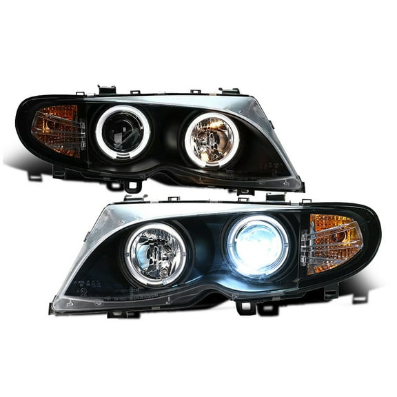 RTMOTO fit for 02-05 BMW E46 3-Series 325i 330i 4DR Sedan Halo Projector LED DRL Hi-Lo Beam Headlights Lamp w/Halogen Turn Signal Inner Matte Black