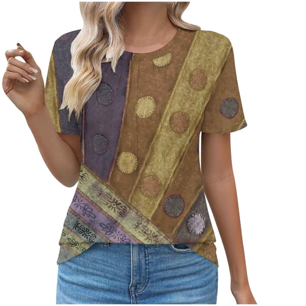 Tops Cortos para las Mujeres Cuello Redondo Impreso Sudadera Plisada Manga Corta, Tops de Baile para las Mujeres Primavera Verano