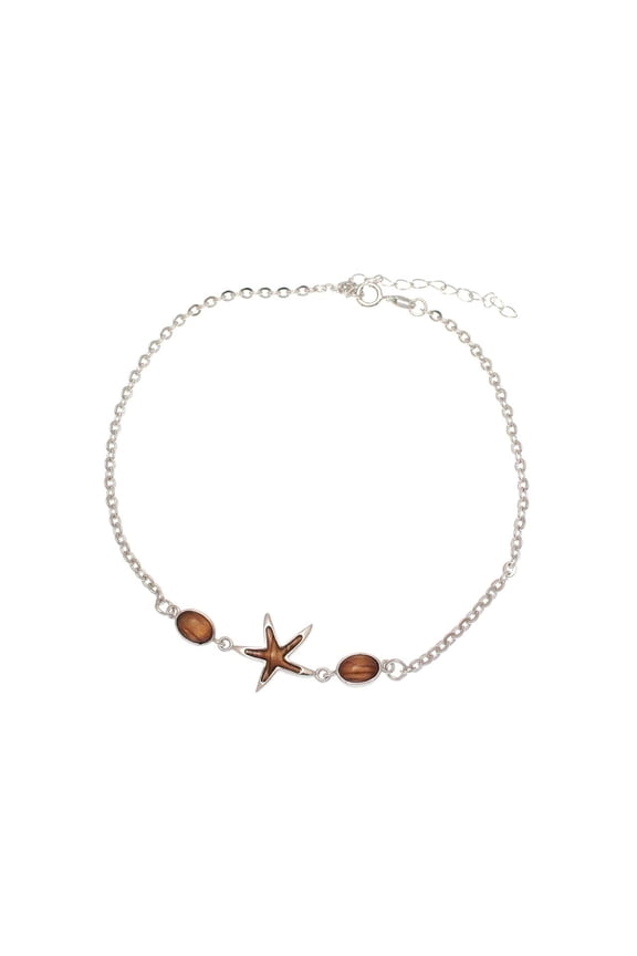 925 sterling silver starfish Hawaiian genuine koa wood link chain anklet 9" plus extension