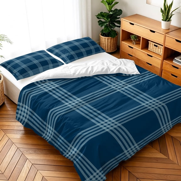 Queen Size 3 Pieces Duvet Cover Sets Navy Blue Plaid Tartan Bedding Set,Microfiber Soft Comforter Cover with Pillow Shams,Luxury Quilt Covers for Bedroom Decor Summer Nautical Style