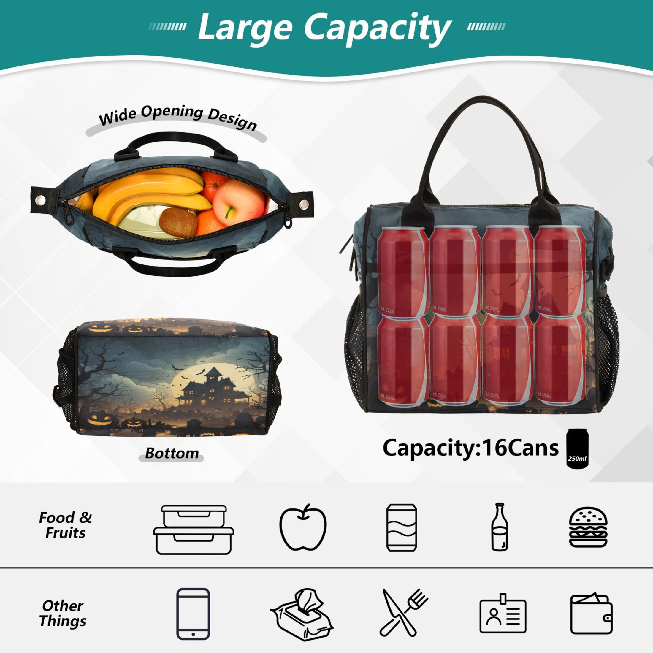Large Insulated Lunch Bags for Women Men Leakproof Thermal Meal Lunch Tote Bag for Office Work Picnic Travel Spooky Haunted House 9L