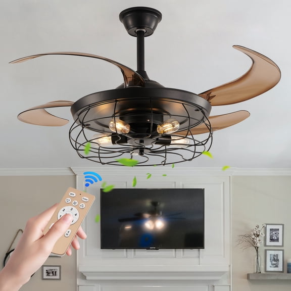 Jopath 48" Remote Control Ceiling Fan Light, Industrial 4-Blade Fan with Cage Design and Adjustable Speed for Living Room, Bedroom, or Office (Bulb Not Included)