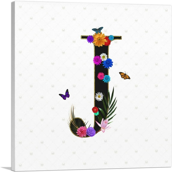 ARTCANVAS Flower Plant Butterfly Alphabet Letter J Canvas Art Print - Size: 36" x 36" (0.75" Deep)