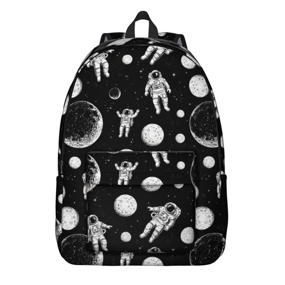 Astronaut and Moon Black Pattern Backpack for School, Cute School Bag with Adjustable Shoulder Straps and Padded Back, 15.7"x11.8"x5.5"