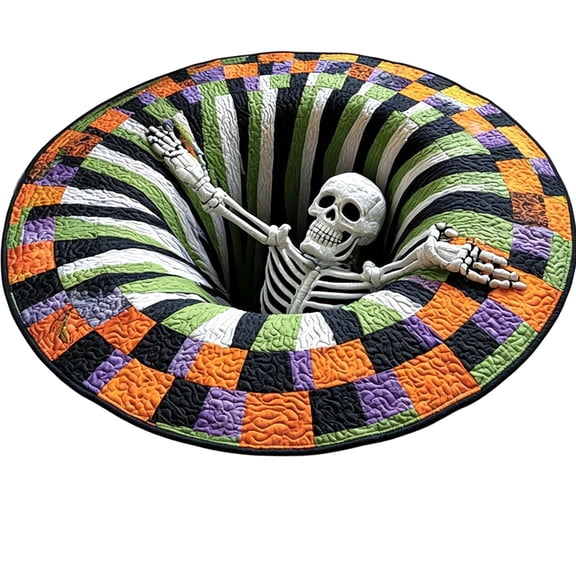 3D Halloween Rugs Indoor, Optical Illusion Rug - Skeleton Vortex Round Halloween Mat, Non-Slip