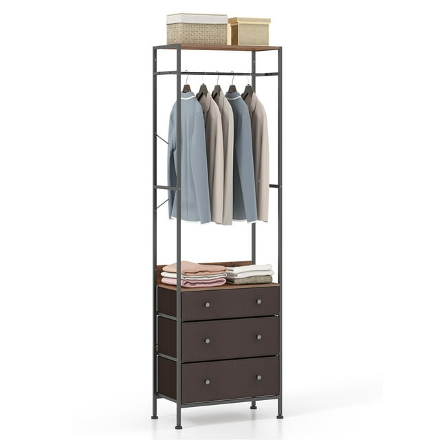 Gymax Freestanding Closet Organizer w/ 3-position Hanging Rod & Storage Shelves