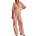 thumbnail image 3 of HAIJIE Women’s Wrap V-Neck Jumpsuit, Cuffed 3/4 Sleeves, Waist Cinched, Wide Leg, Assorted Solid Colors (Red,S), 3 of 6