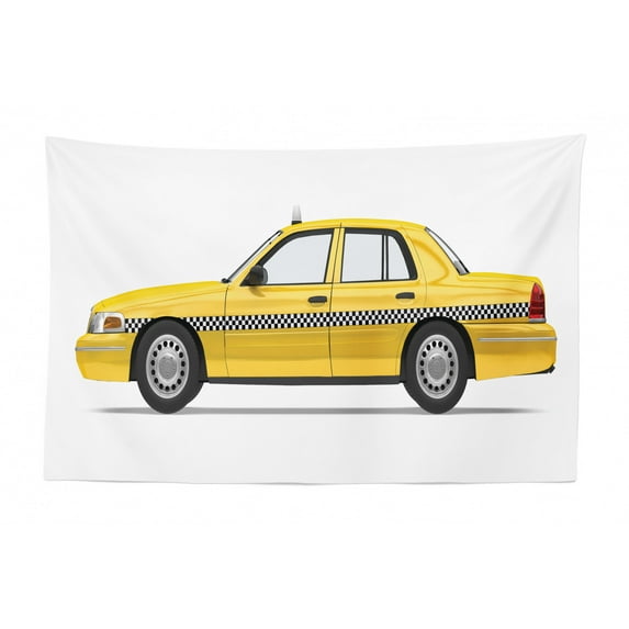 New York Taxi Tapestry, Cap Van Illustration and Crowded City Silhouette on Background, Fabric Wall Hanging Decor for Bedroom Living Room Dorm, 2 Sizes, White and Multicolor, by Ambesonne