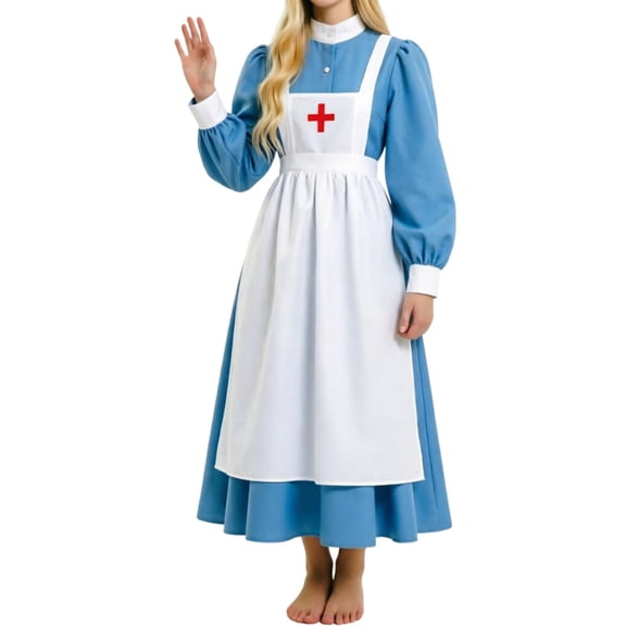 Women's Vintage Nurse Costume Historical Dress with Apron Long Sleeve Retro Uniform for Halloween Cosplay Medical Roleplay Outfit Pioneer Victorian Adult Suit