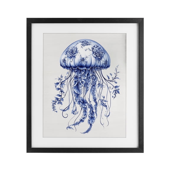 Funky Toile Jellyfish Black Framed Print Under Glass, design by Lettered and Lined