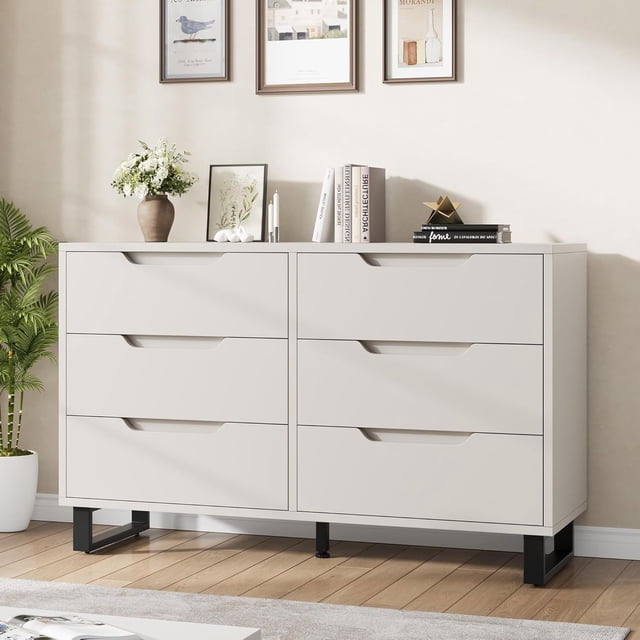 Commode 6 Tiroirs pour Chambre, Commode de 47,2 Po de Large, Armoire à Tiroirs Verticale Autoportante avec Rangement, Coffre de Rangement en Bois pour Salon, Couloir, Entrée, Blanc