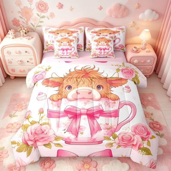 meiyoeat Ckawaii Highland Cattle 7-Piece Twin Bedding,Pink Bow Floral Blossom Bedding Comforter Set For Girls,Pink Reversible
