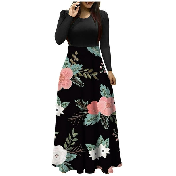 Vestido largo de manga larga con cuello redondo y estampado floral para mujer Pompotops hdfakjf4122