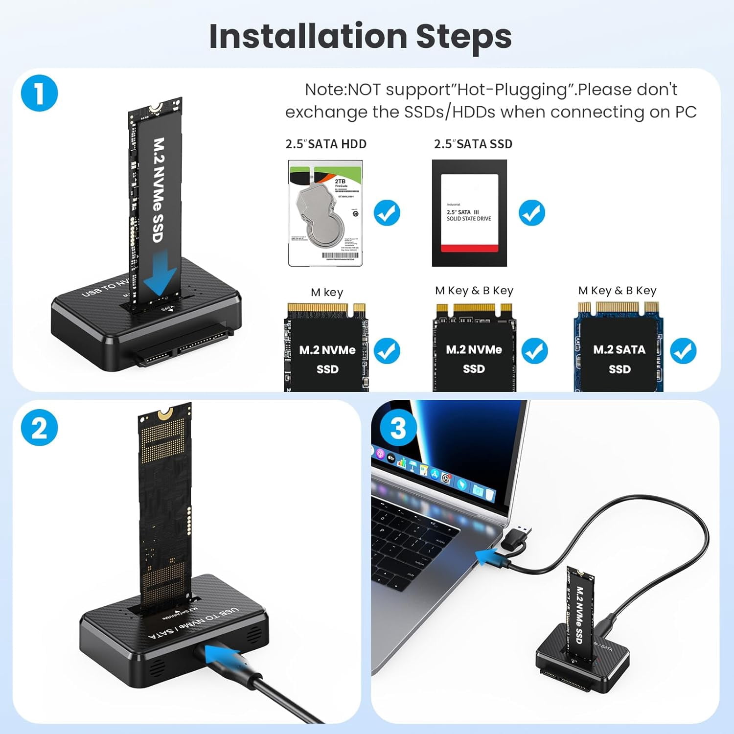 KSRplayer Dual-Bay M.2 NVMe/SATA & 2.5" SATA Enclosure Adapter,2-in-1 External Hard Drive Reader, USB 3.2 Gen 2 (10Gbps), Portable M.2 SSD to USB, Supports M Key & M+B Key