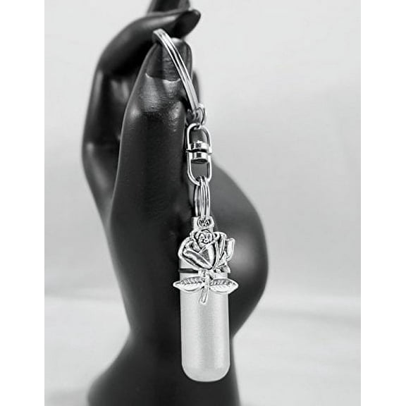 Brushed Silver Cremation Urn with Rose and Engraved Heart - on Stainless Steel Swivel Key Chain