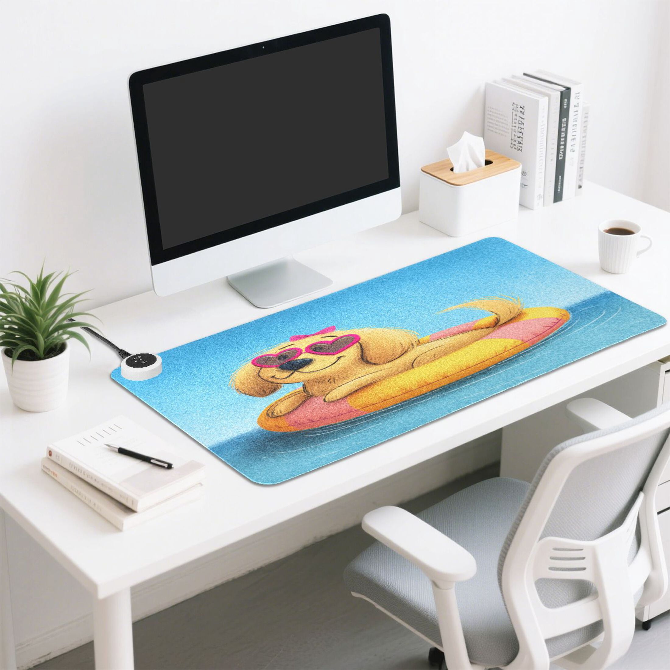 Large Heated Desk Mat Mouse Pad 31.5"x13"PU Leather Graphene Heating Desk Warmer with 3 Temperature Settings 110V US Plug Non-Slip Warm Pad for Home, Office, and Gaming Heart Glasses Dog Pattern