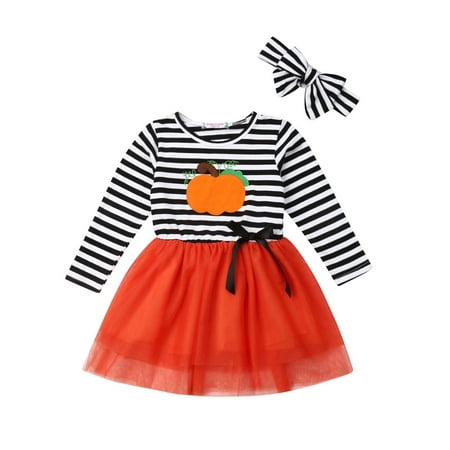 Kids Baby Girls Halloween clothes Pumpkin print Long Sleeve Striped Tulle round neck Mini Dresses Bow Headband cotton outfit 2pc