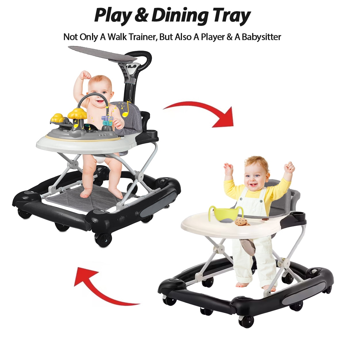 SIMANLI Baby Walker, 4 in 1 Foldable Walkers with Wheels & Removable Feeding & Music Tray, Activity Center for Baby Boys / Girls, Black