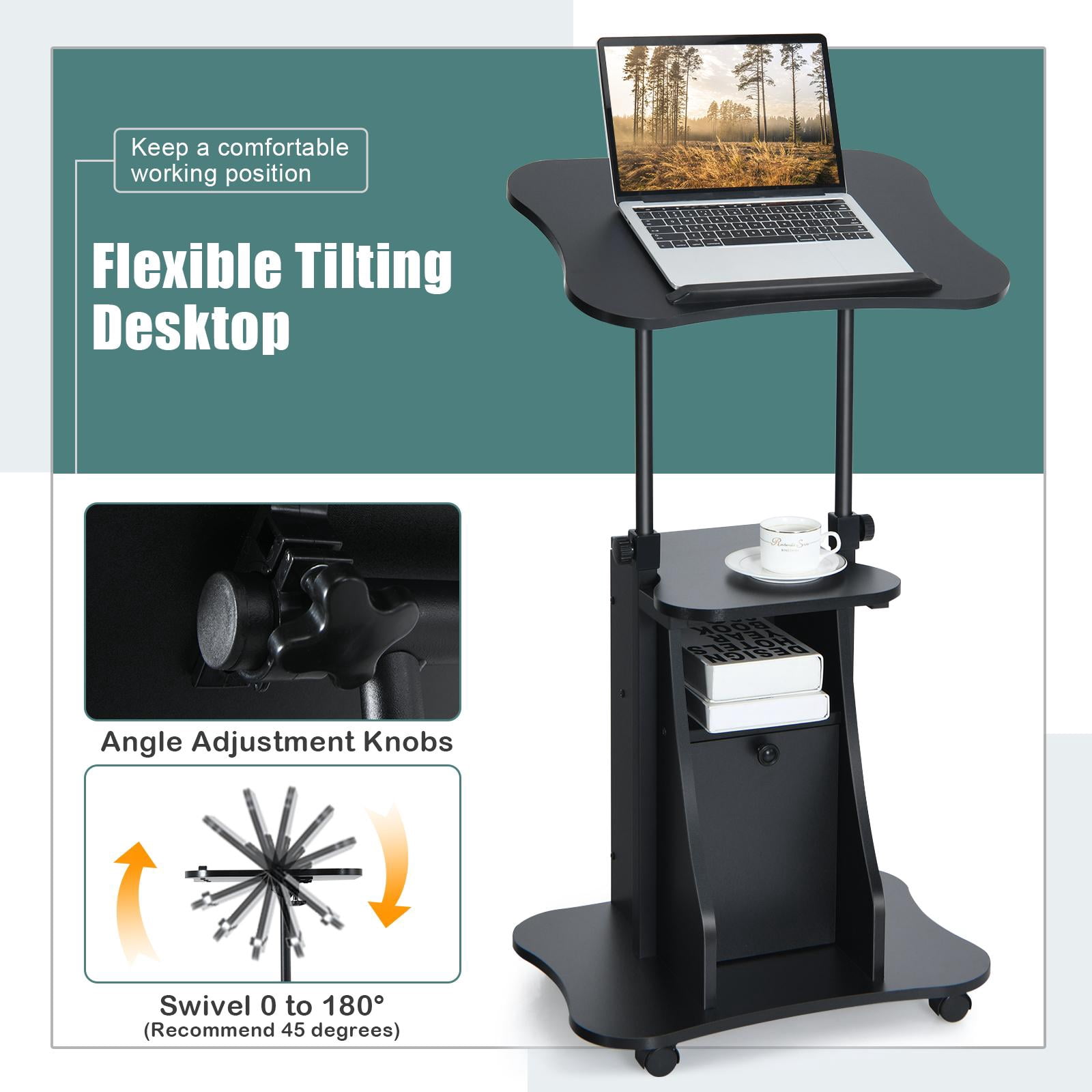 Giantex Mobile Sit to Stand Desk, Height Adjustable Standing Desk w/Tilting Desktop & Storage Cabinet, Ergonomic Rolling Laptop Desk, Home Office Computer Workstation on Wheels(2)