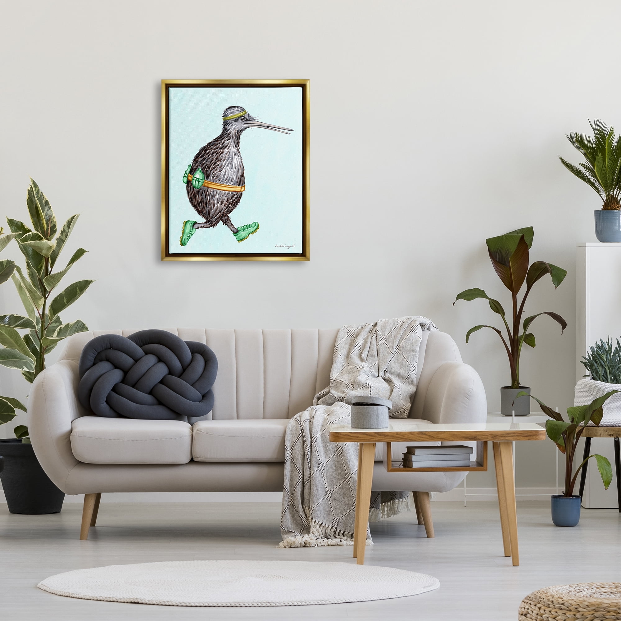 Stupell Industries Kiwi Bird Jogging Exercise Clothing Sneakers Illustration Graphic Art Metallic Gold Floating Framed Canvas Print Wall Art, Design by Amelie Legault