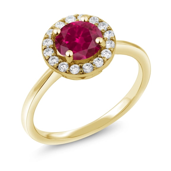 Gem Stone King 18K Yellow Gold Plated Silver Engagement Ring Created Ruby and Moissanite (1.79 Cttw) (Size 5)