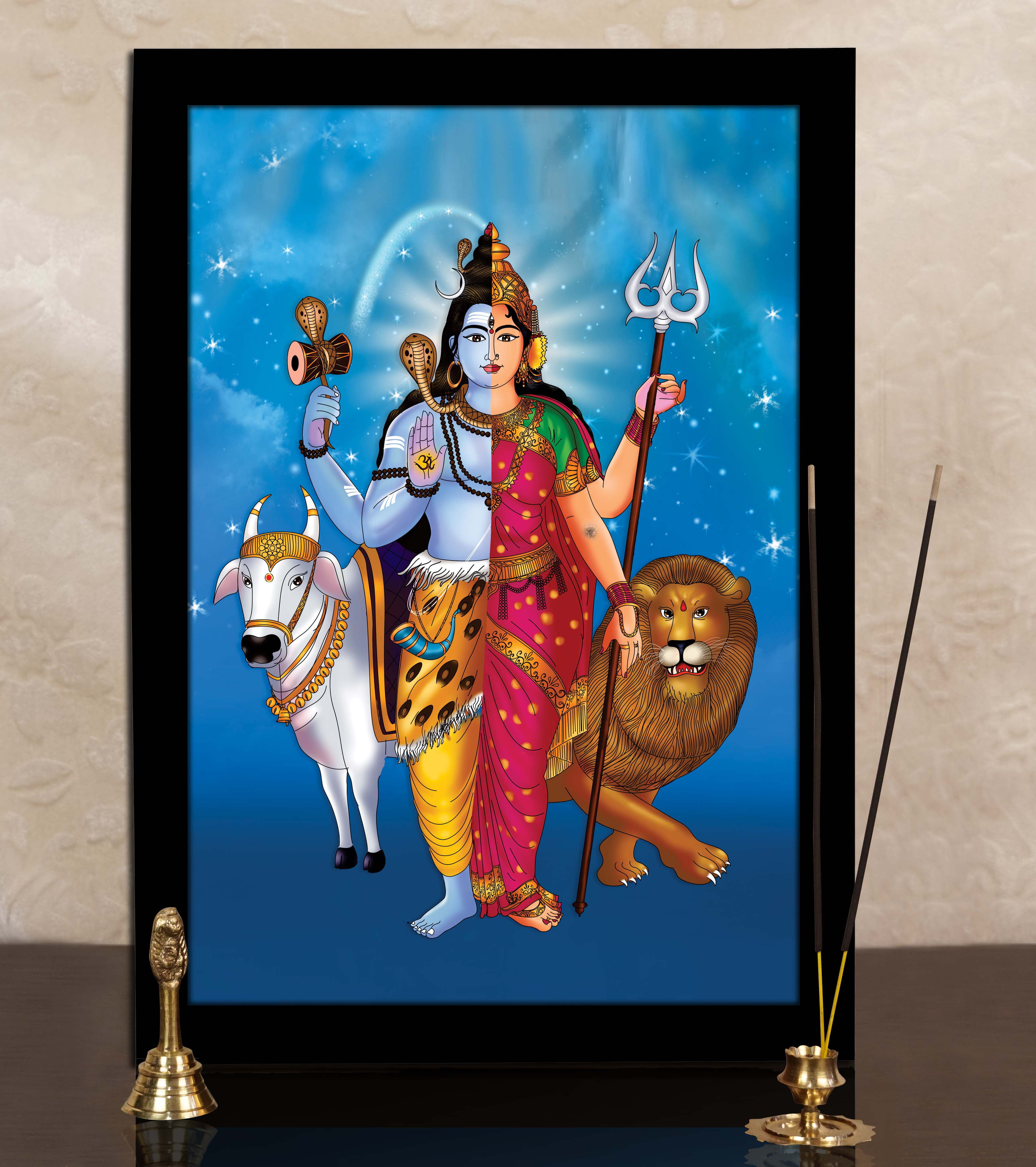 IBA Indianbeautifulart Lord Shiva And Goddess Parvati Ardhnarishwar Picture  Frame Religious Poster Black Wall Frame Deity Photo Frame Wall  Decor For Home/ Office/ Temple-10 x 12 Inches 