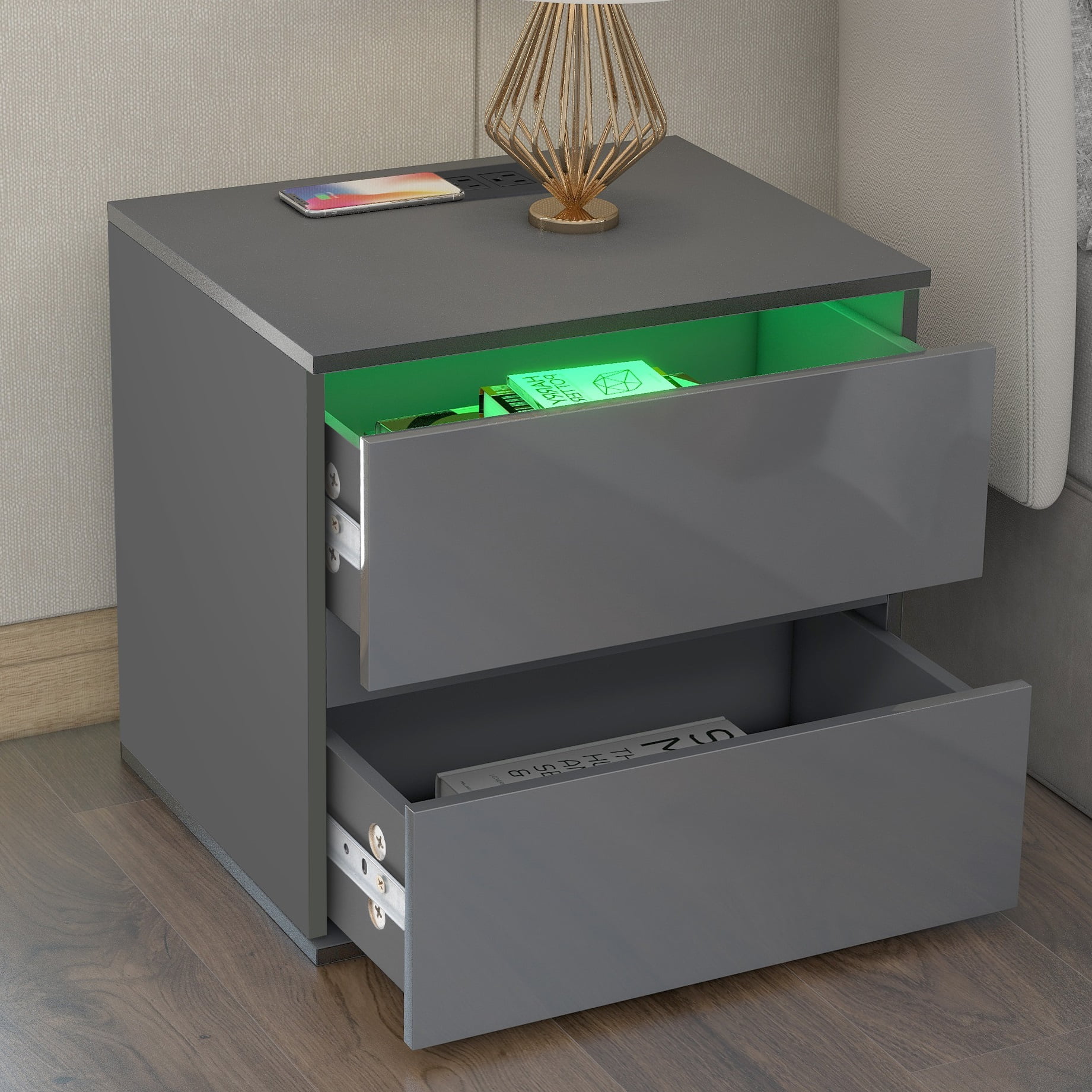 Gray Nightstand for Bedroom, Night Stand with USB Charging Port and