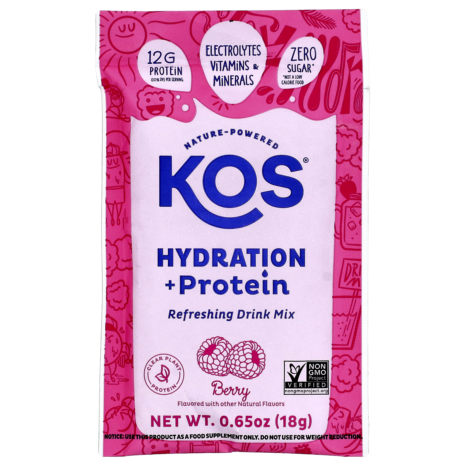 KOS Hydration + Protein, Refreshing Drink Mix, Berry, 7 Packets, 0.65 oz (18 g) Each