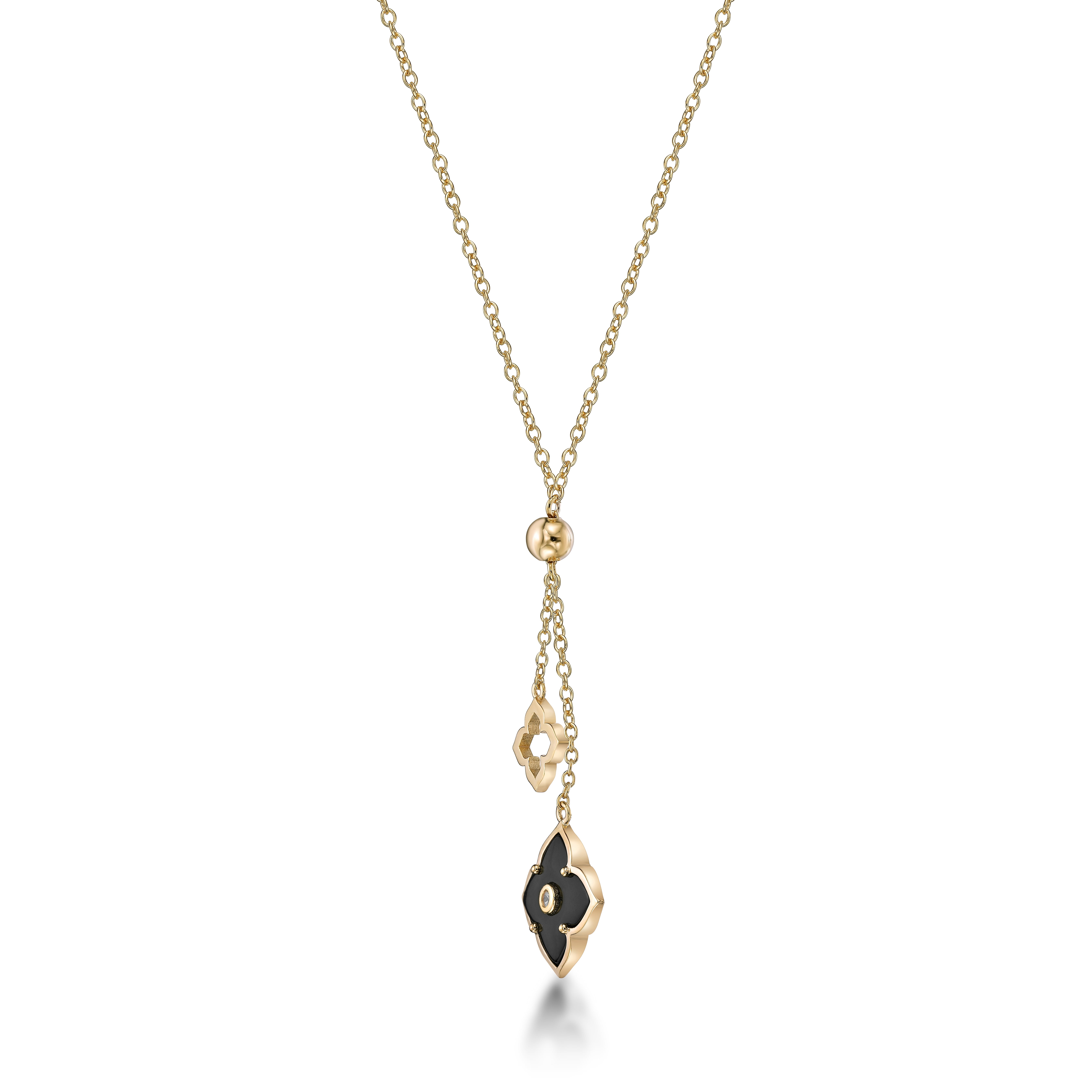 Black Onyx and Cubic Zirconia Double Flower Pendant Necklace in 925 Sterling Silver with Yellow Gold Plating 16 to 18 Inches Adjustable Spring Ring by Lavari Jewelers