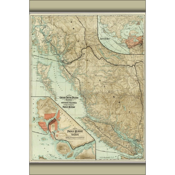 24"x36" Gallery Poster, 1910 Railroad Map of the Grand Trunk Pacific Railway in British Columbia, Canada