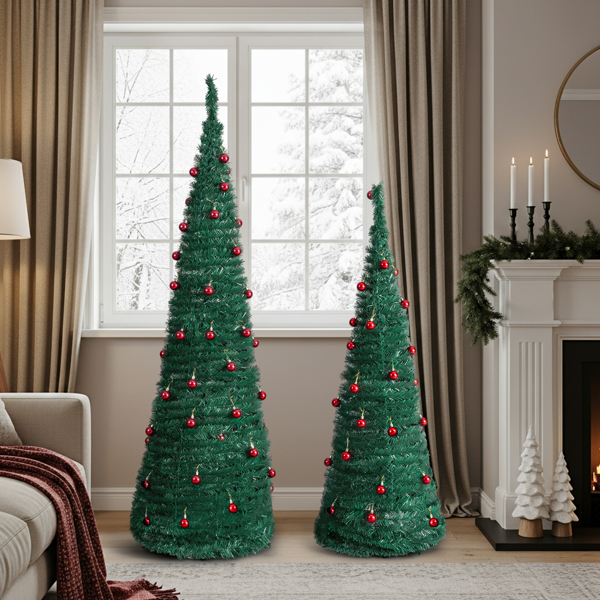 2-Pack Pop-Up Artificial Christmas Trees, 6FT and 5FT Green PVC Trees, for Home, Office, Entryway, Storefront